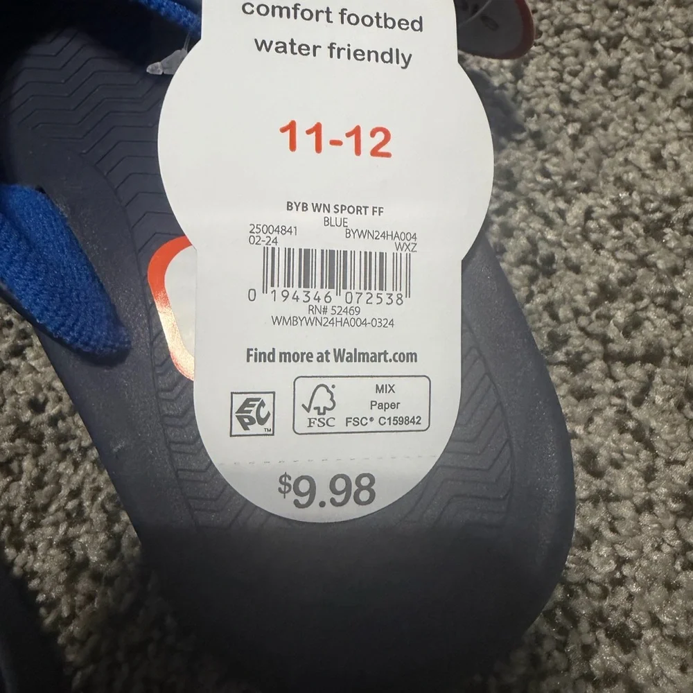 Wonder Nation Flip Flops Kids 11-12 Blue New Water Friendly Sport Thong Sandals